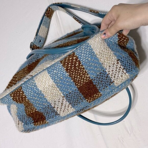 Vintage Blue Brown Cream Plaid Travel Bag With Shoulder Strap - Picture 4 of 15